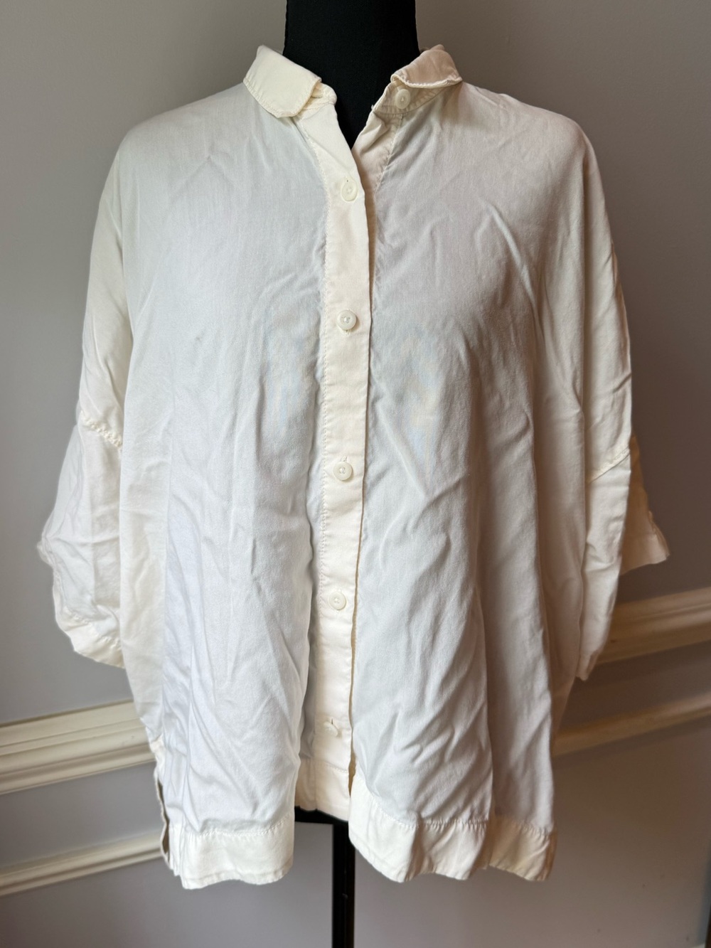 Everlane XL Ivory Oversized Button Front Shirt High Low Hem Relaxed Blouse